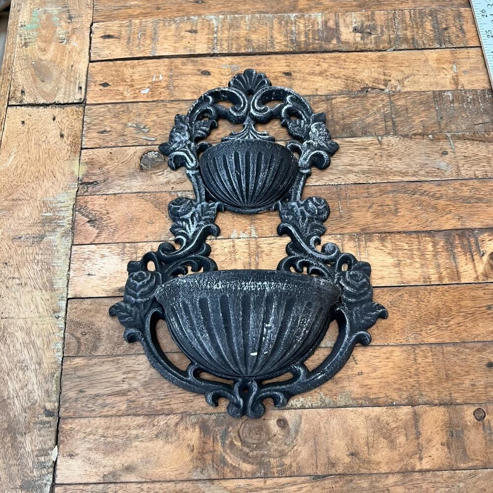 Vintage Cast Iron Plant Holder Or Bird Feeder Wall Or Fence Mount 2 Tier 12.5"